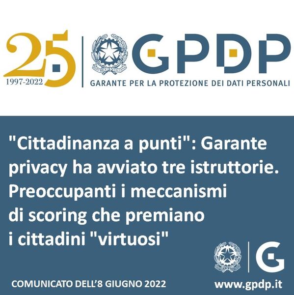 ”Cittadinanza a punti": Garante privacy ha avviato tre istruttorie.
